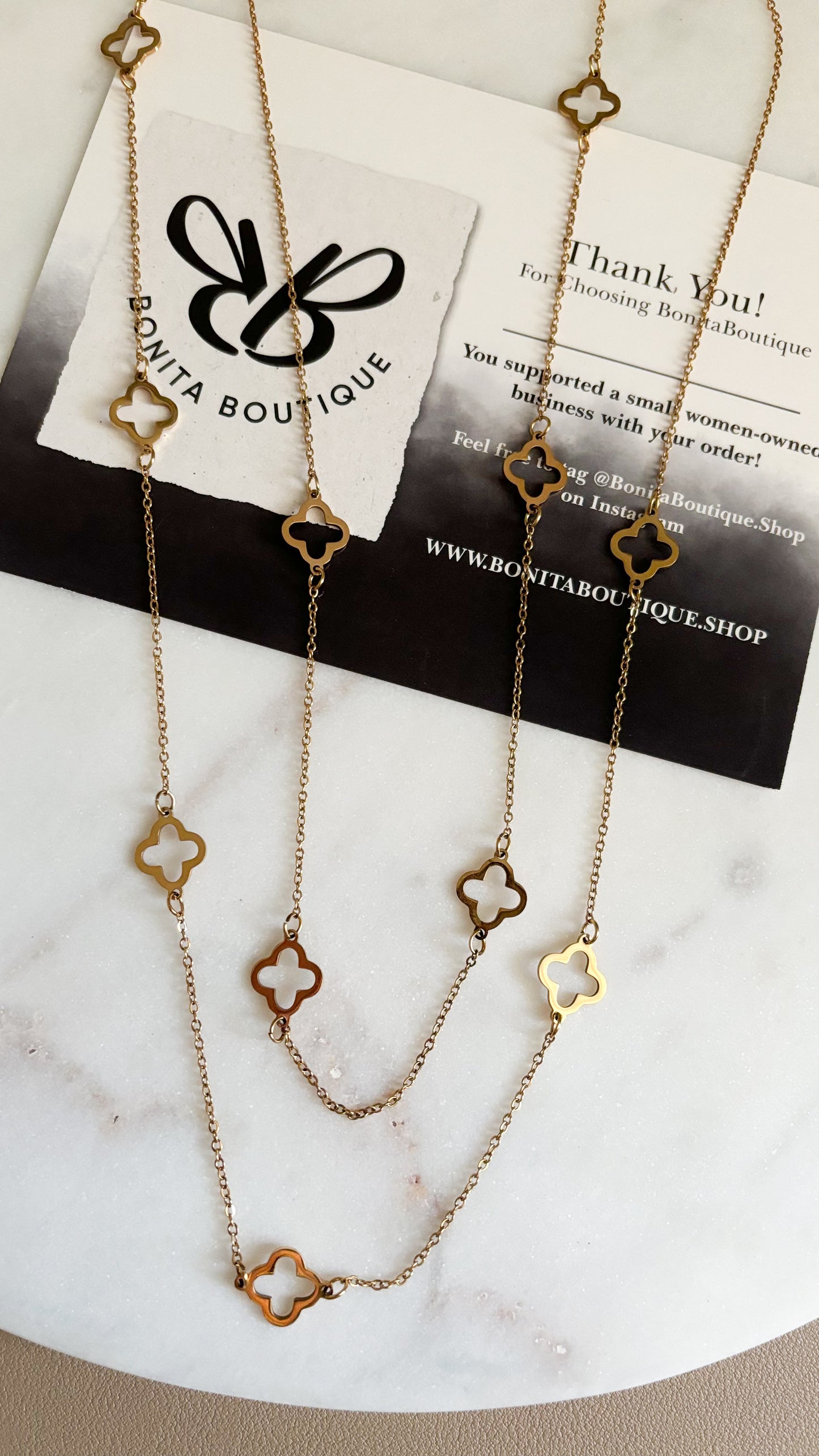 Long Gold Clover Necklace