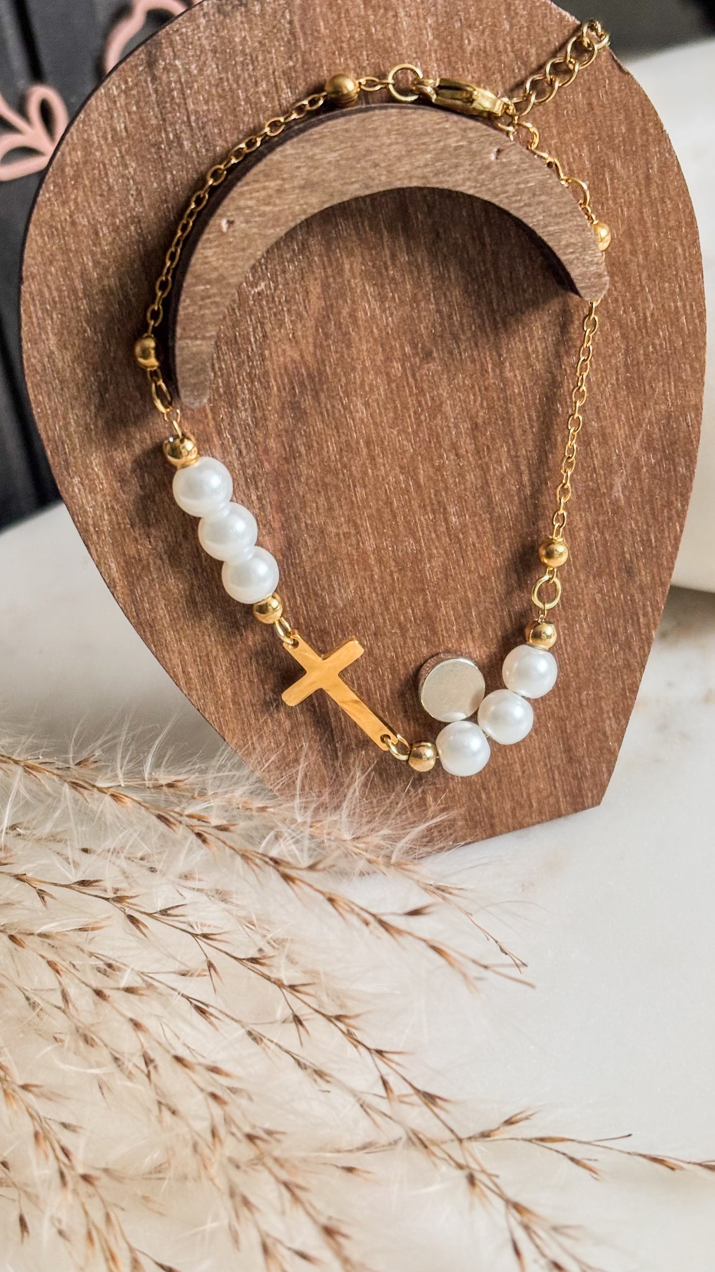 Golden Pearl Cross Bracelet